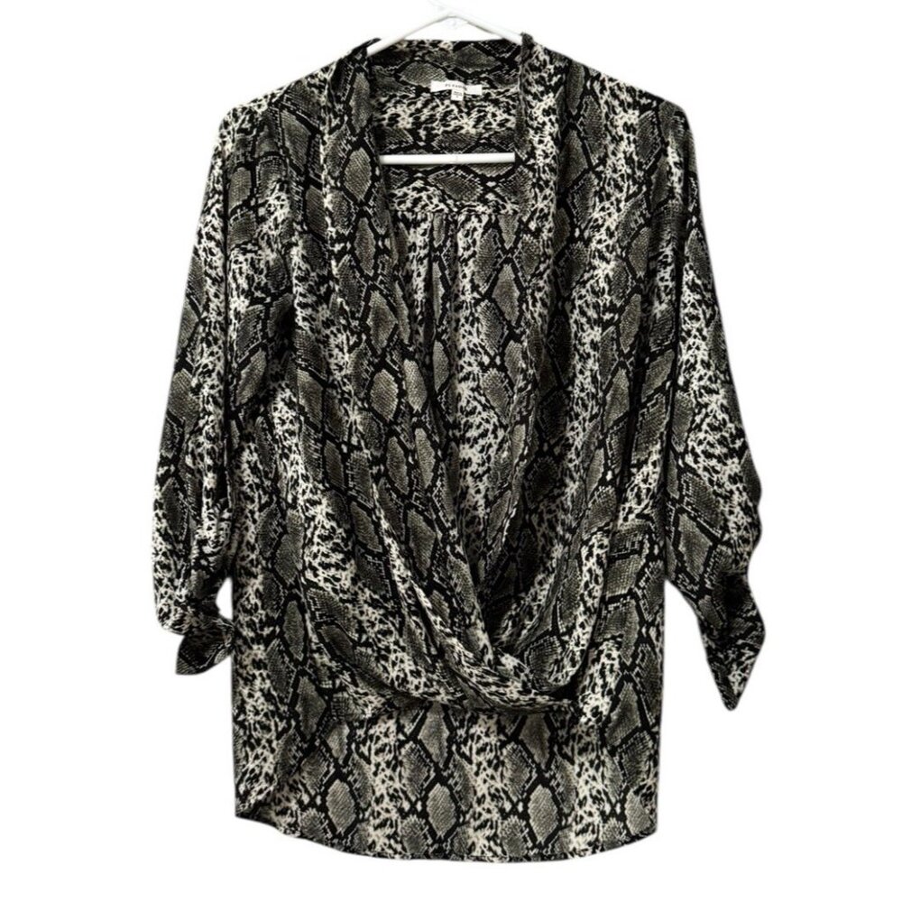 Anthropologie Pleione Animal Print Crossover Blouse Roll Tab Sleeve Small Office